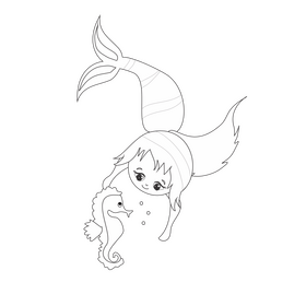 Mermaid with seahorse illustration black and white clipart