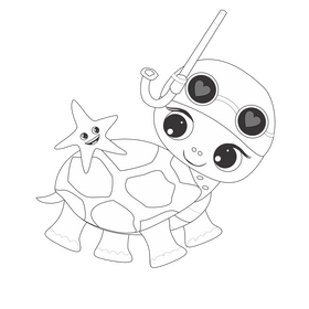 Turtle and starfish illustration black and white clipart