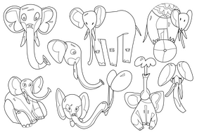 Elephant cartoon set black and white vector