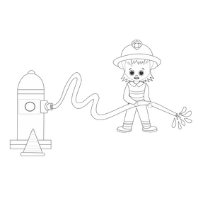 Cute firefighter drawing black and white clipart