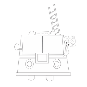 Cartoon firefighter in fire truck black and white clipart