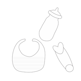 Baby items, bottle, diaper pin, and bib black and white clipart