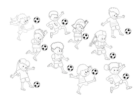 Cartoon kids playing soccer, football black and white vector