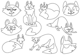 Fox cartoon set black and white vector