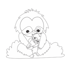 Mom and baby sloth black and white clipart
