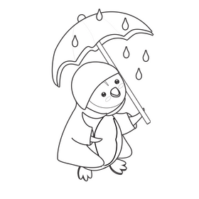 Cute penguin in the rain drawing black and white clipart