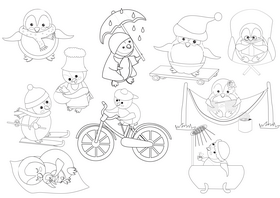 Cute penguins black and white vector