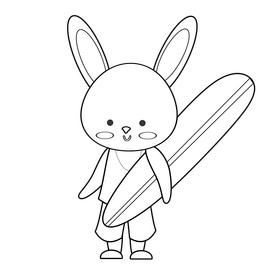 Rabbit going to the beach to surf black and white clipart