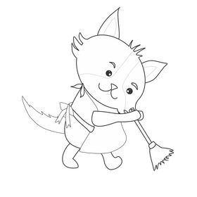 Cartoon fox sweeping the floor black and white clipart