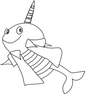 Narwhal whale going to a party black and white clipart