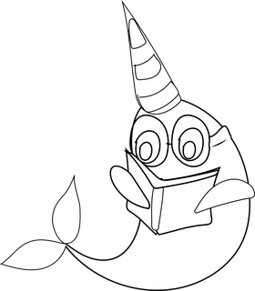 Free narwhal whale reading a book black and white clipart