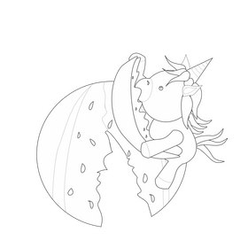 Free unicorn eating watermelon black and white clipart