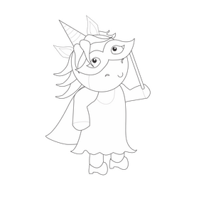 Cartoon unicorn going to a mask ball black and white clipart