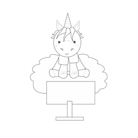 Cute unicorn watching TV black and white clipart