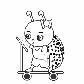 Ladybug in a scooter black and white clipart