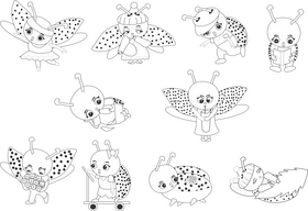 Cartoon ladybugs black and white vector