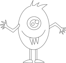 One eyed monster with three teeth black and white clipart