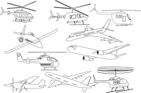 Airplanes, planes, helicopters black and white vector