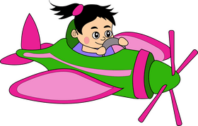 Green and pink airplane with girl pilot clipart