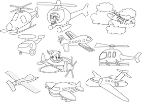 Cartoon planes, helicopters black and white vector