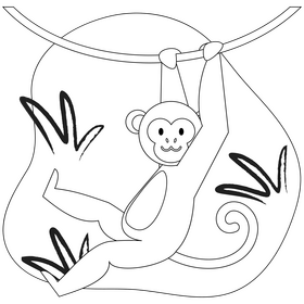 Monkey swinging on vine drawing black and white clipart