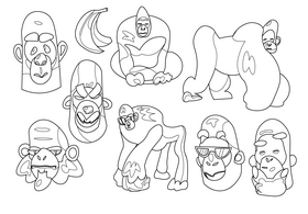 Gorilla cartoon set black and white vector