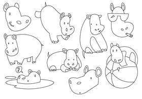 Hippo cartoon set black and white vector
