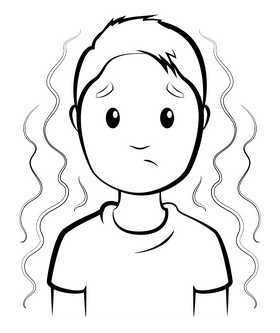 Cartoon boy with fever drawing black and white clipart