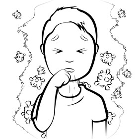 Cough, coughing cartoon boy black and white vector