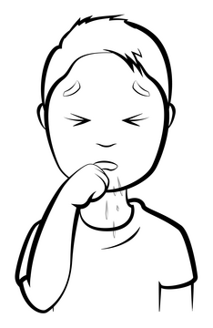 Cough, coughing cartoon boy drawing black and white clipart