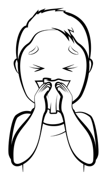 Cartoon boy coughing and sneezing drawing black and white clipart