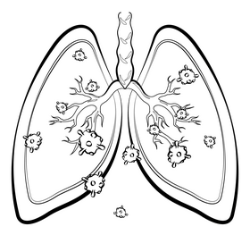 Covid 19, coronavirus pneumonia lungs cartoon drawing black and white clipart