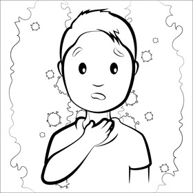 Sore throat cartoon boy black and white vector