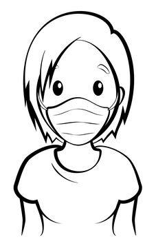 Cartoon girl wearing a mask drawing black and white clipart