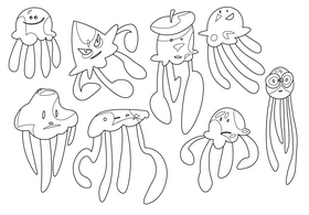 Jellyfish cartoon set black and white vector