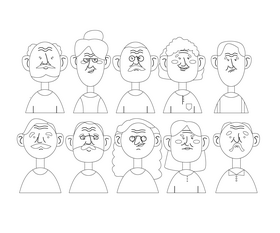 Cartoon old people portraits black and white vector