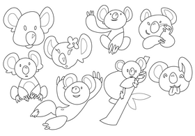Koala cartoon set black and white vector