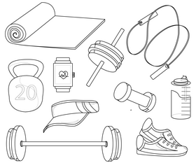 Fitness, gym elements black and white vector