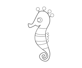 Sea horse cartoon black and white clipart
