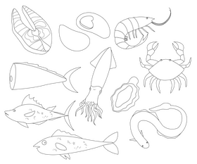 Fishes, sea food black and white vector