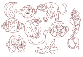 Monkey cartoon set black and white vector
