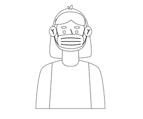 Redhead cartoon girl wearing in mask black and white clipart