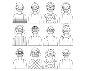Men, girls wearing mask black and white vector