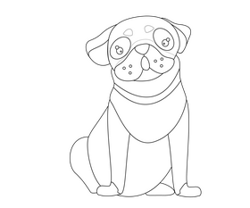 Pug dog sitting black and white clipart
