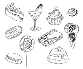 Cakes, sweets black and white vector