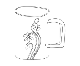 Flowers drawing on cup black and white clipart