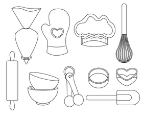 Cookware, kitchenware, kitchen tools black and white vector