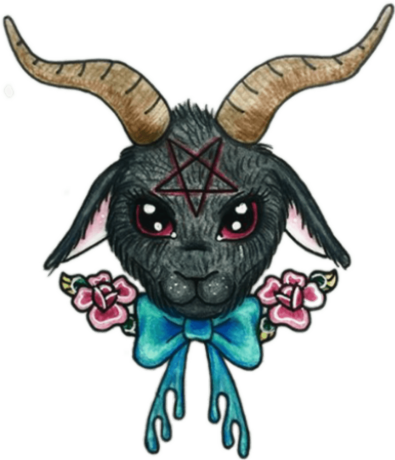 Gothic Tattoo of a Horned Goat with Flowers PNG