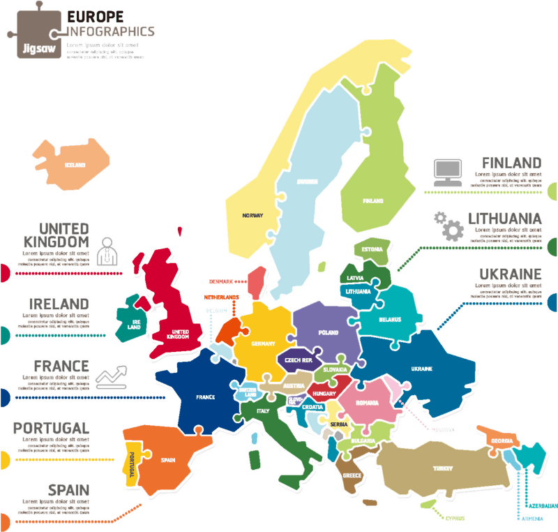 Colorful World Map of European Countries and Regions PNG