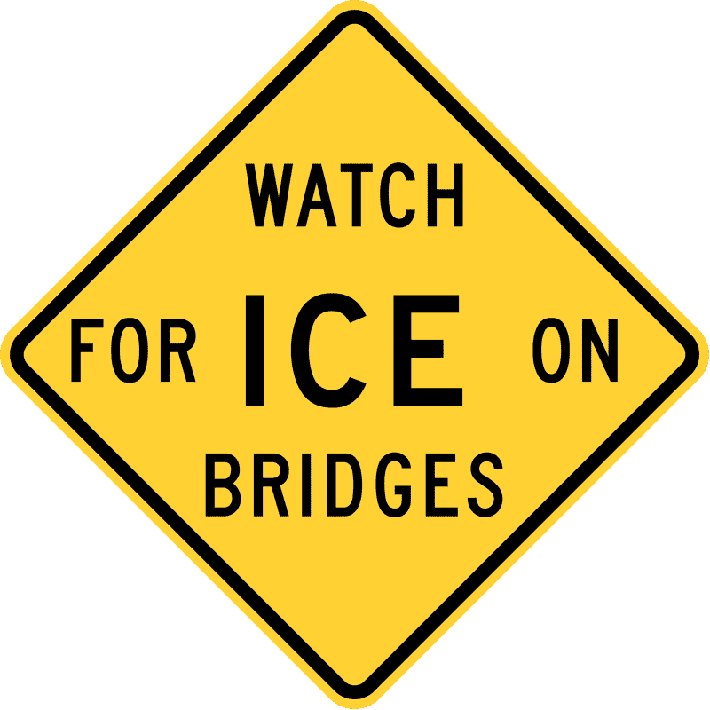Caution Ice Hazard on River Bridge PNG